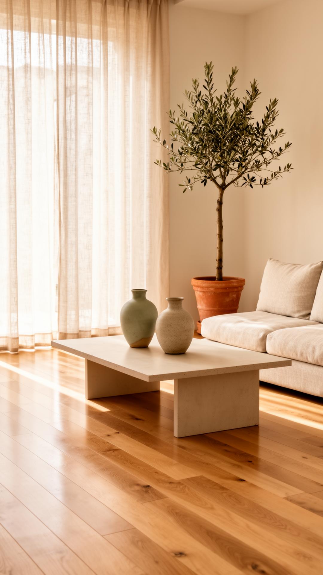 Sun-drenched minimalist living room with polished wooden floors